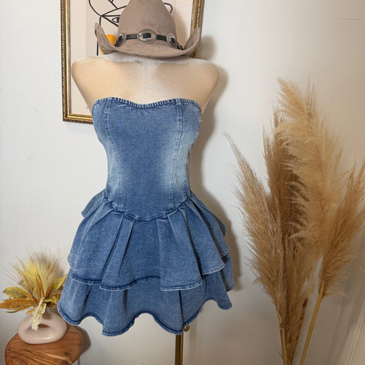 Strapless Denim Flare Dress-Denim
