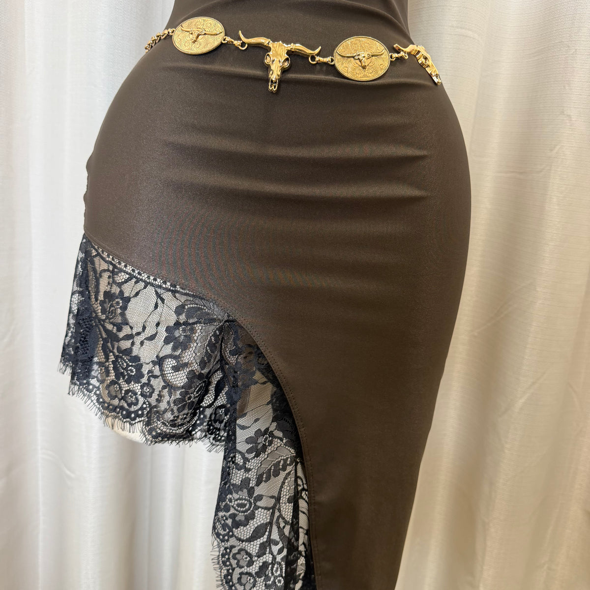 Mock neck Asymmetrical lace Detail Dress-Brown/Black