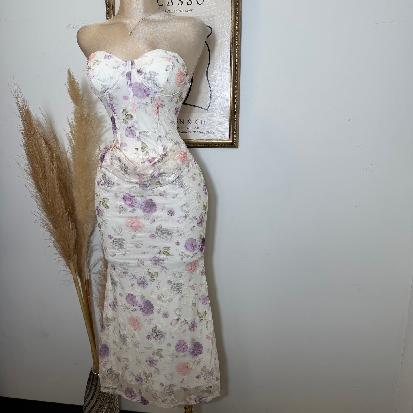 Strapless Floral Print Corset Midi Dress-Ivory Purple