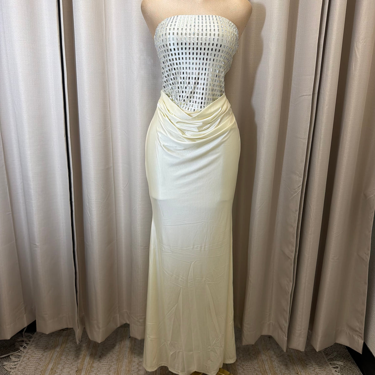 Rectangle Rhinestone satin mermaid maxi Dress-Ivory
