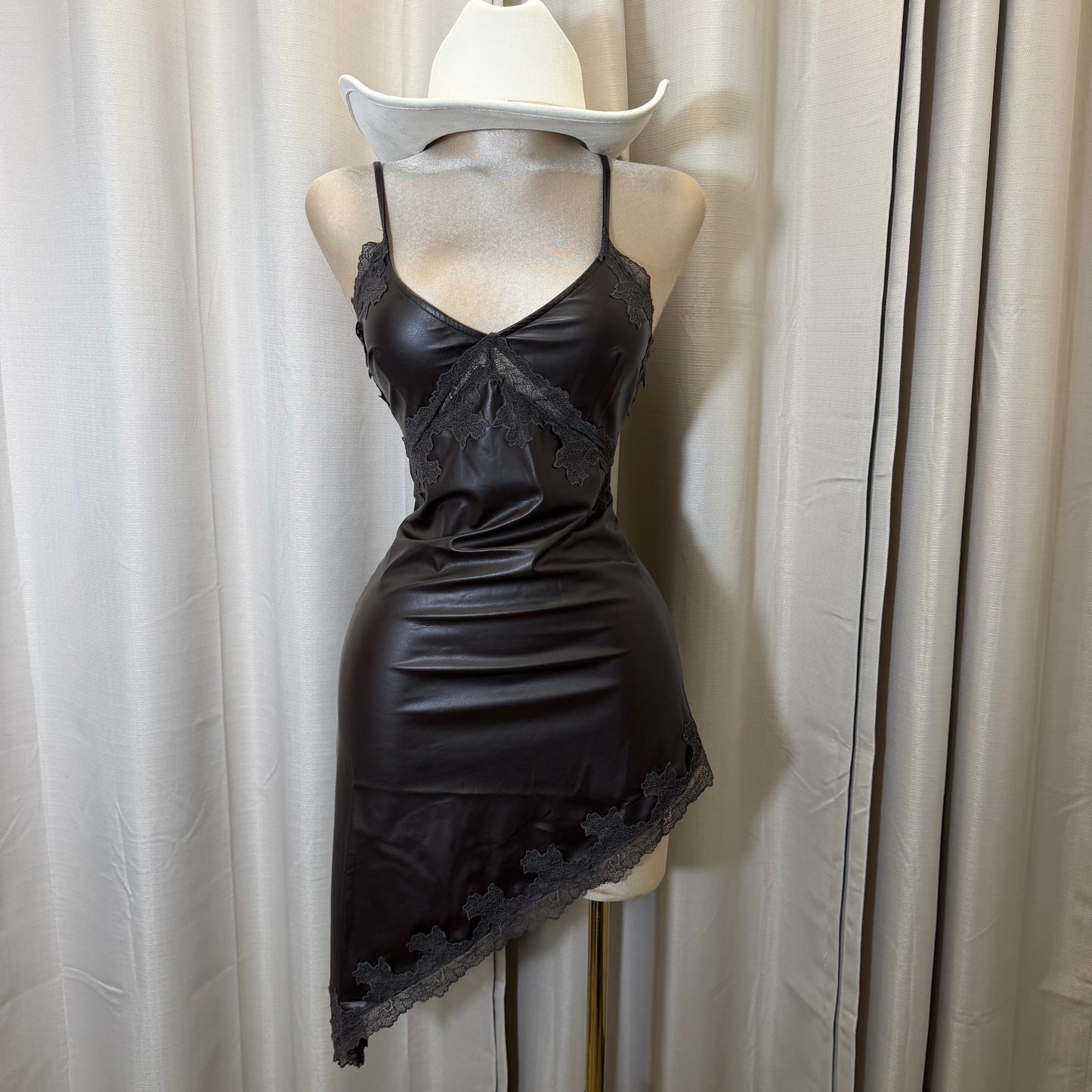 Asymmetrical Pu leather Lace detail Dress-Brown