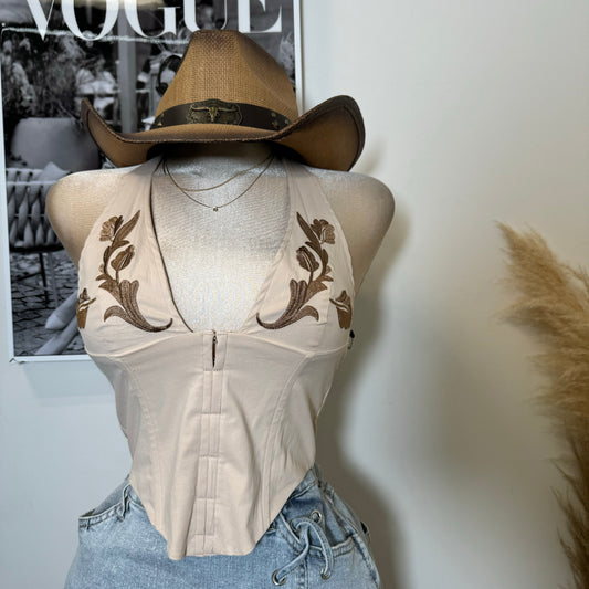 Maisie Western Embroidered Halter Top-Beige