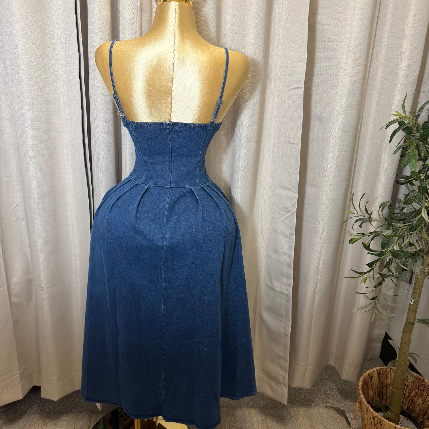 Stretch Denim Corset Midi Dress with pockets-Denim