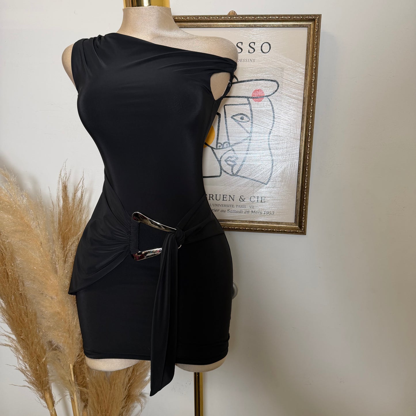 Halter Drape Trim Detail Mini Dress-Black