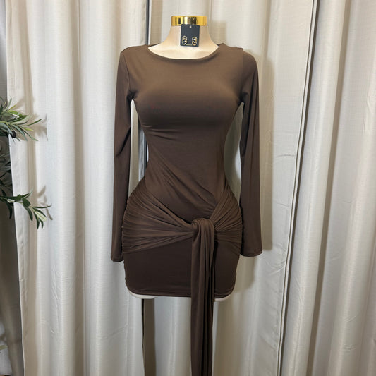 Long sleeve Dress with front Detail-Brown