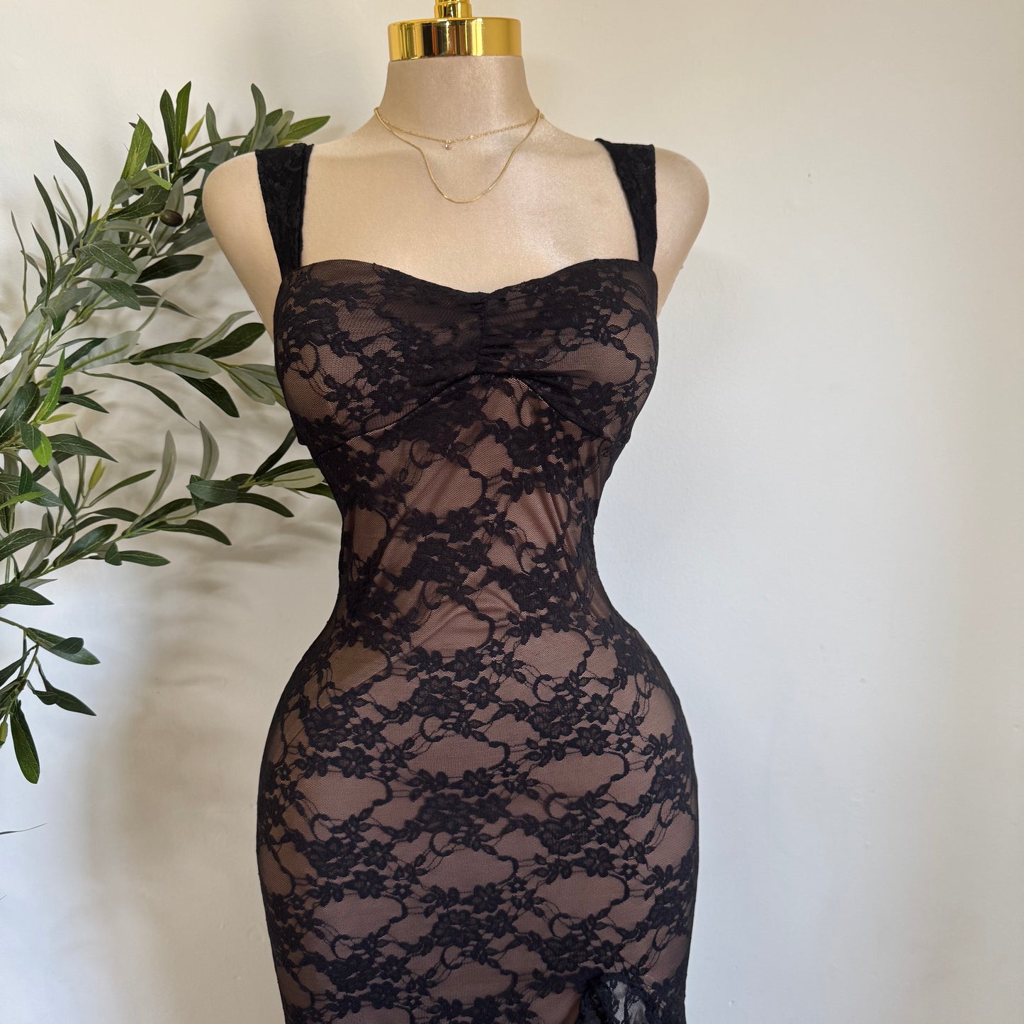 Lace Open Slit Dress-Black