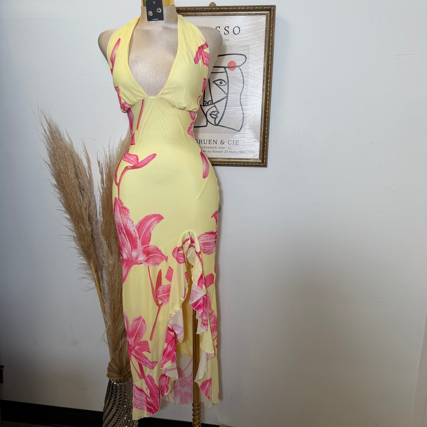 Halter Mesh Open Back Dress-Yellow Combo