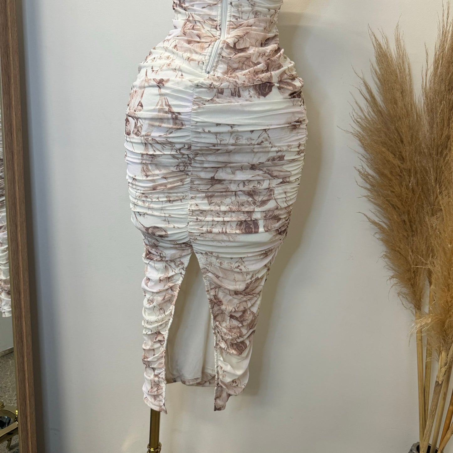 Daisy Floral Mesh Rossete Ruched Midi Dress-Brown