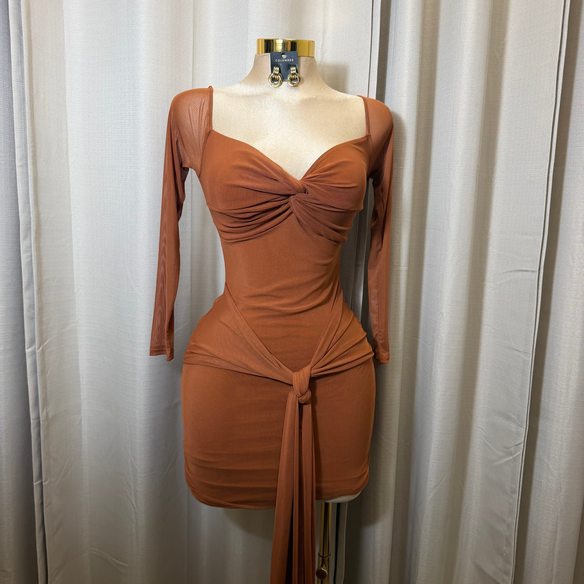 Long Sleeve Off Shoulder Mesh Dress-Brown