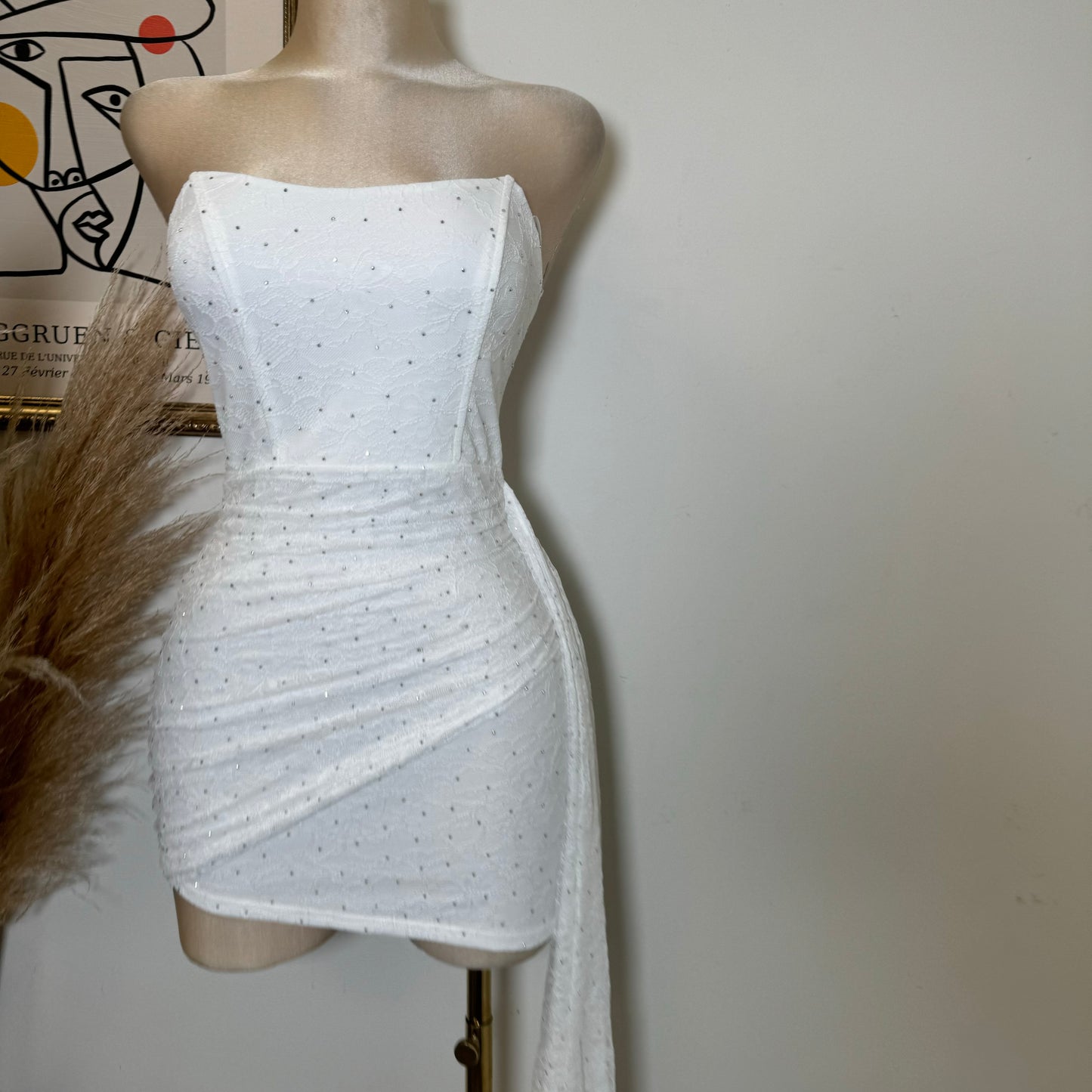 STUDD HOTFIX REGISTERED LACE STRAPLESS MINI BODYCON DRESS-White