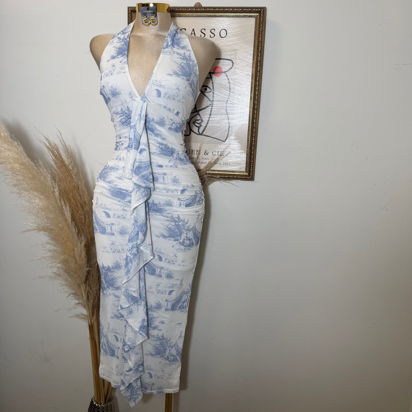 Deep plunge Halter Neck Ruched a-Line Midi Dress-Blue/White