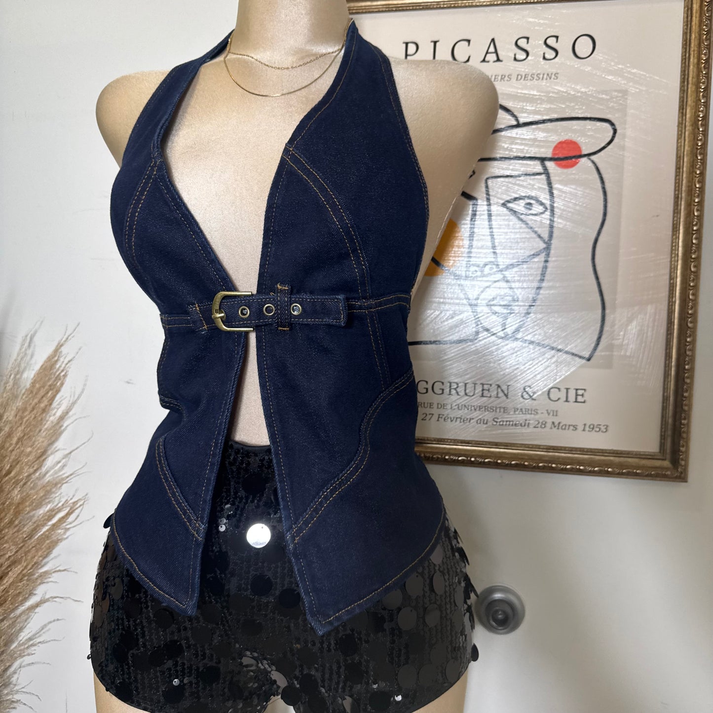 Halter Bust Belt Detail Denim Top-Denim