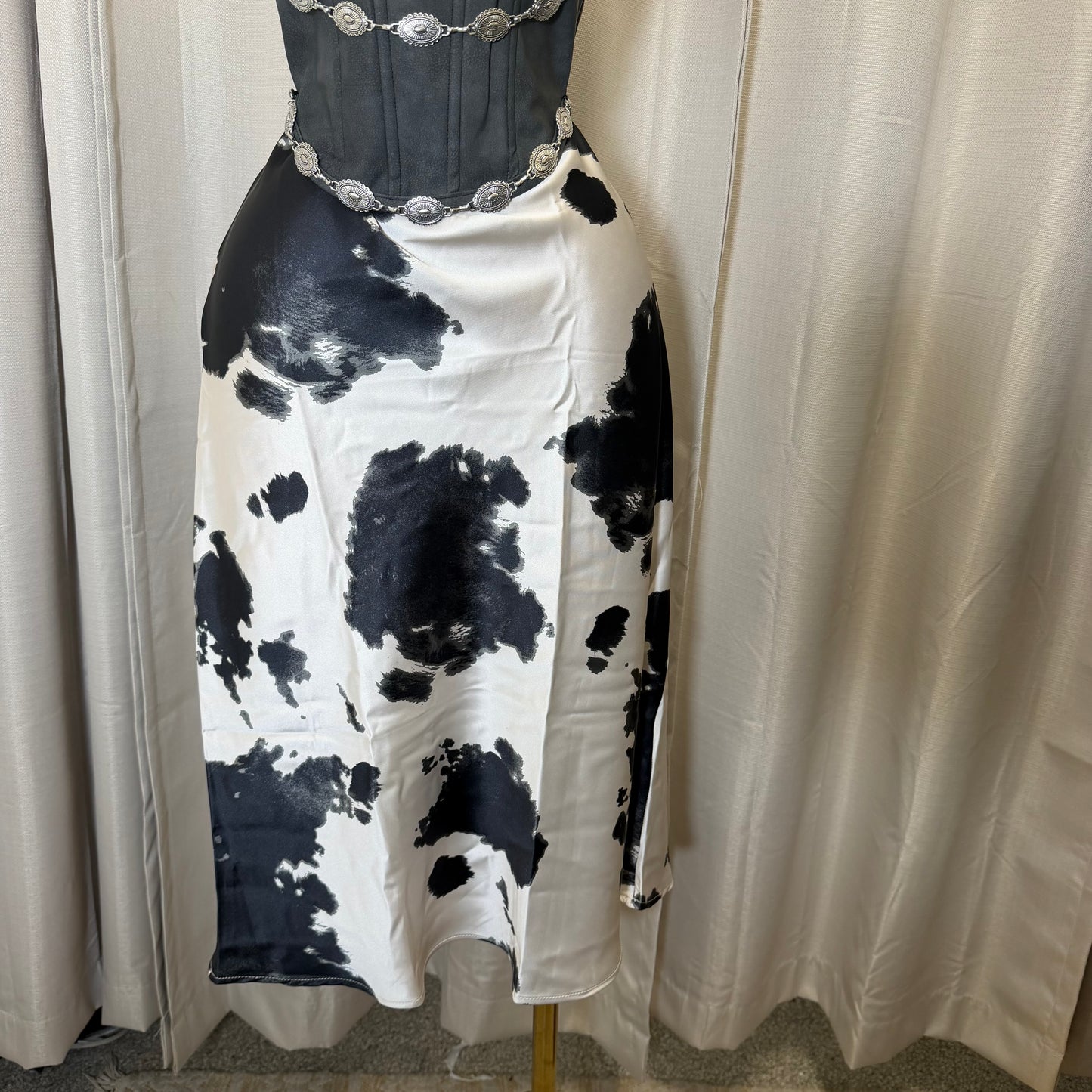 Cow Print Satin Midi Skirt-Black/white