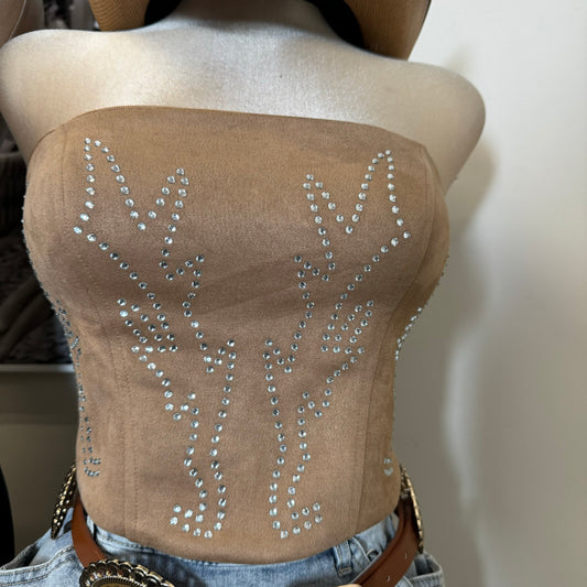 Western Style Rhinestone Tube Top-Tan