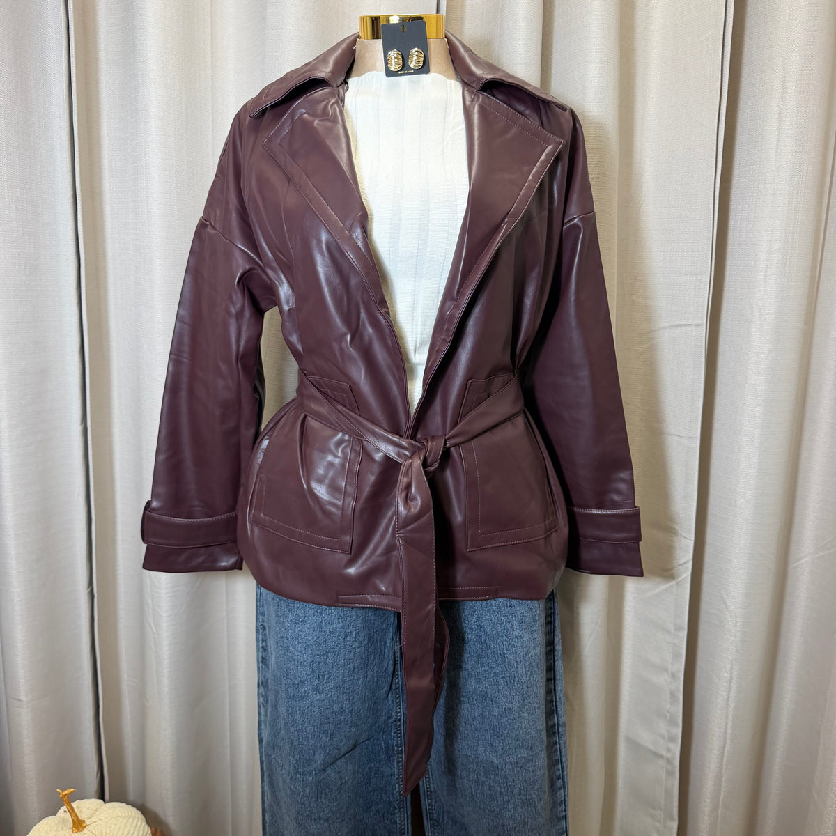 Oversized Leather Coat-Burgundy