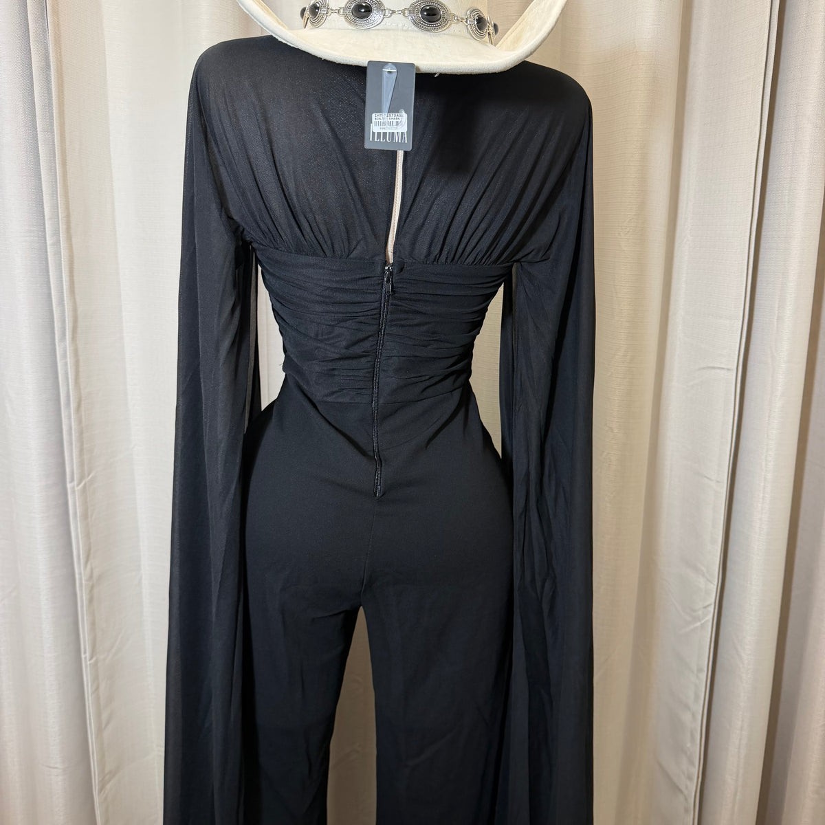 Mesh Cape Sleeve Corset Jumpsuit-Black