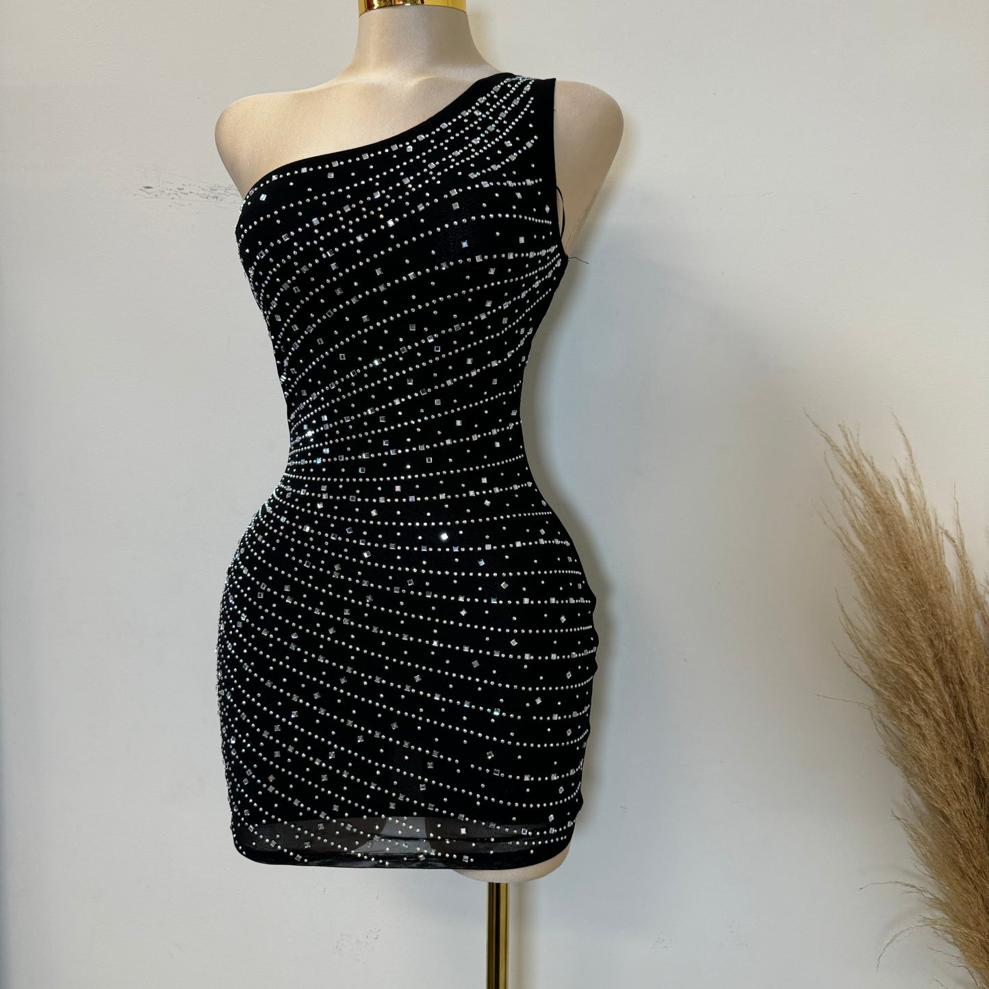 One Shoulder Rhinestone Dress-Black