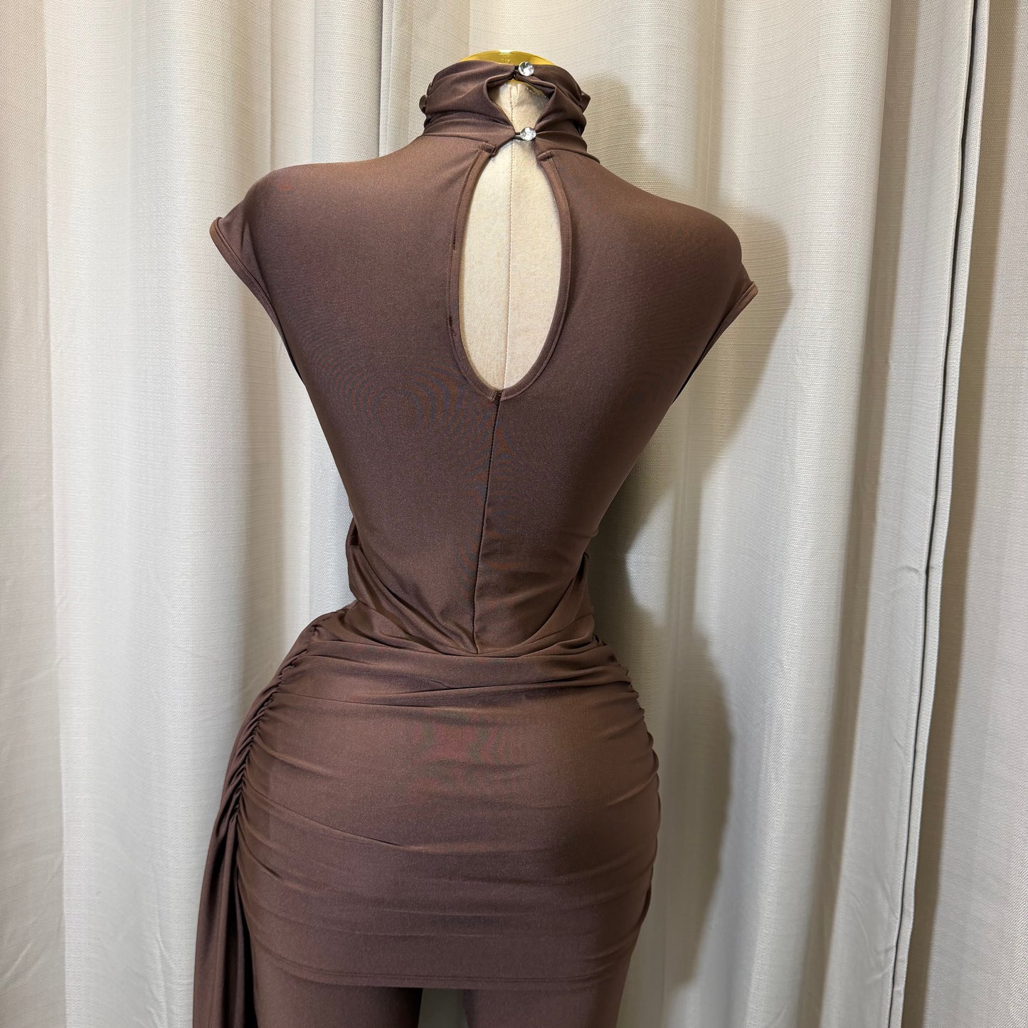 Short sleeve Jumpsuit with detail on the Front-Brown
