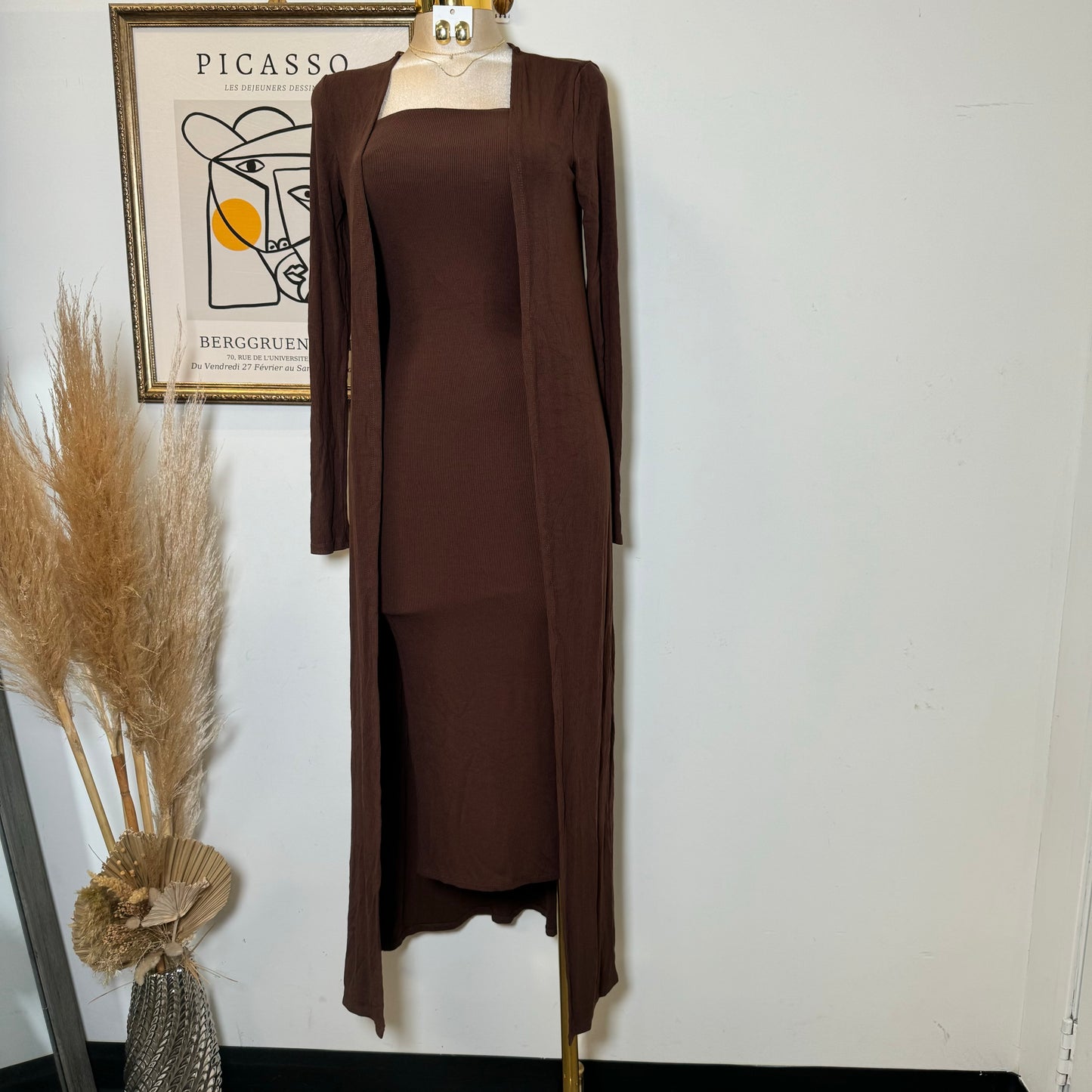 Strapless Ribbes Dress with Cardigan-Brown
