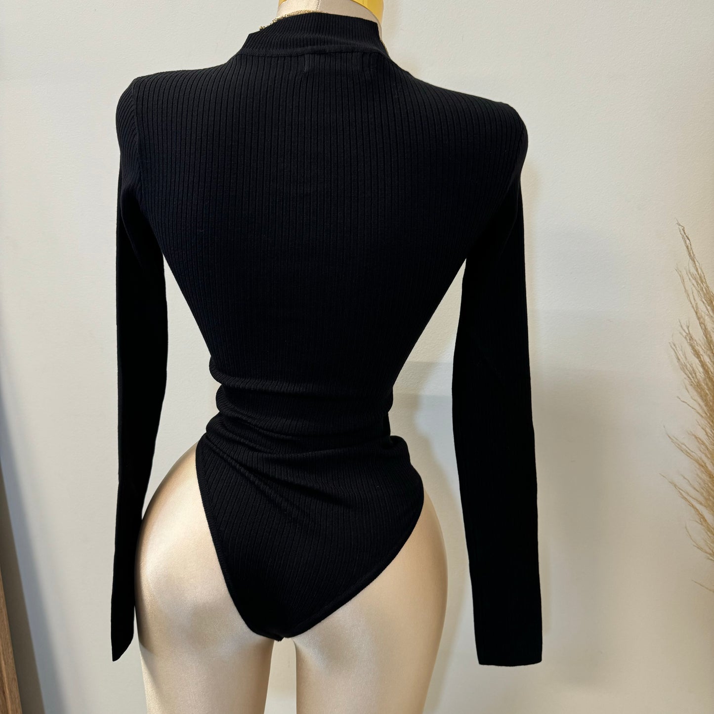 High Neck Long Sleeve Ribbed Knit Bodysuit-Black