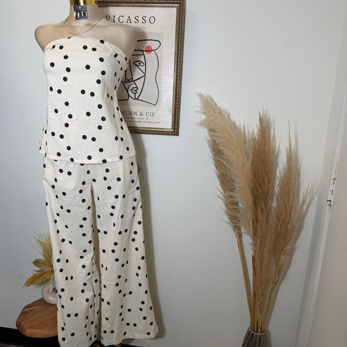 Polka Dot Linen Strapless Pant Set -Cream