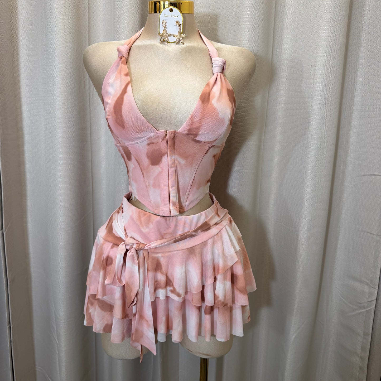 Halter Pink Corset Skirt Set-Baby Pink