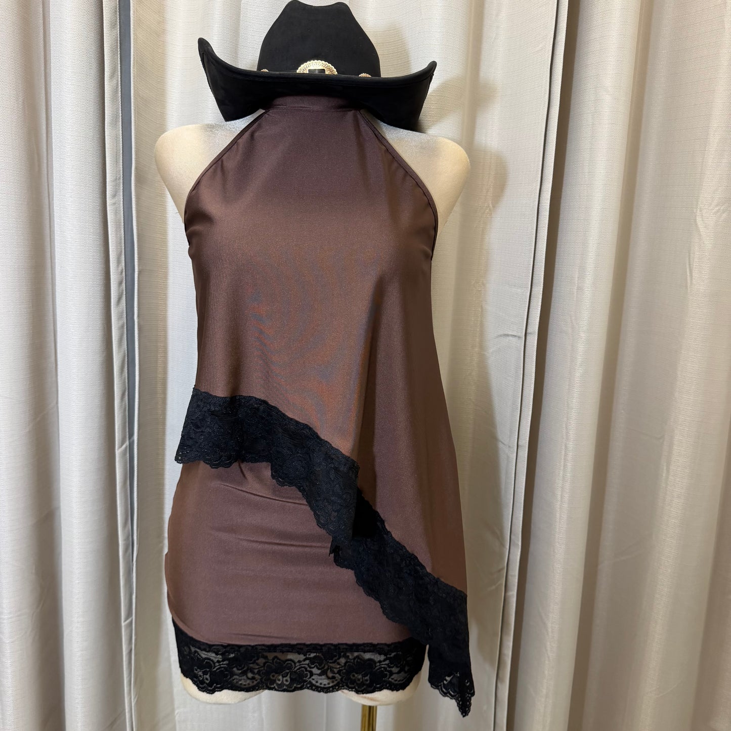 Asymmetrical Lace Skirt Set-Brown with black