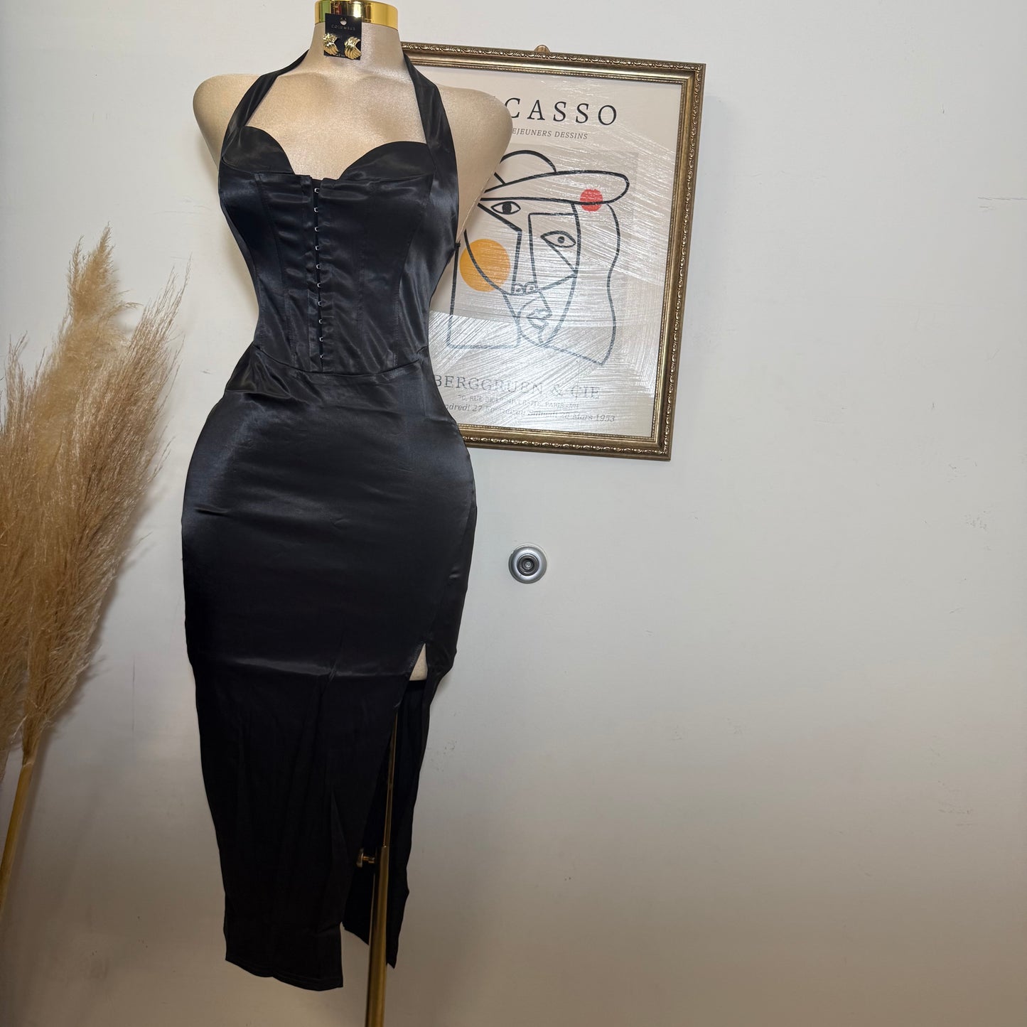 Corset Halter Satin Dress-Black