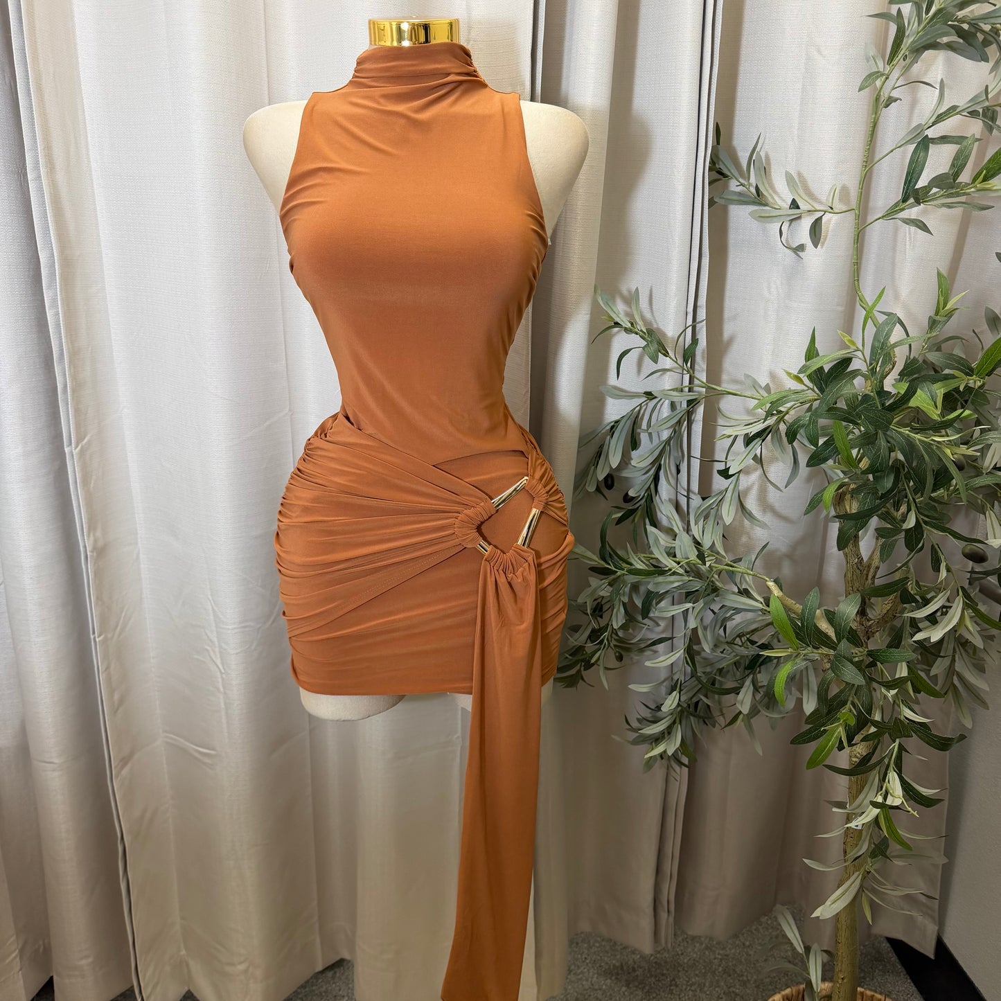 Mock Neck Front Sash With Trim Detail Mini Dress-Rust/Mocha