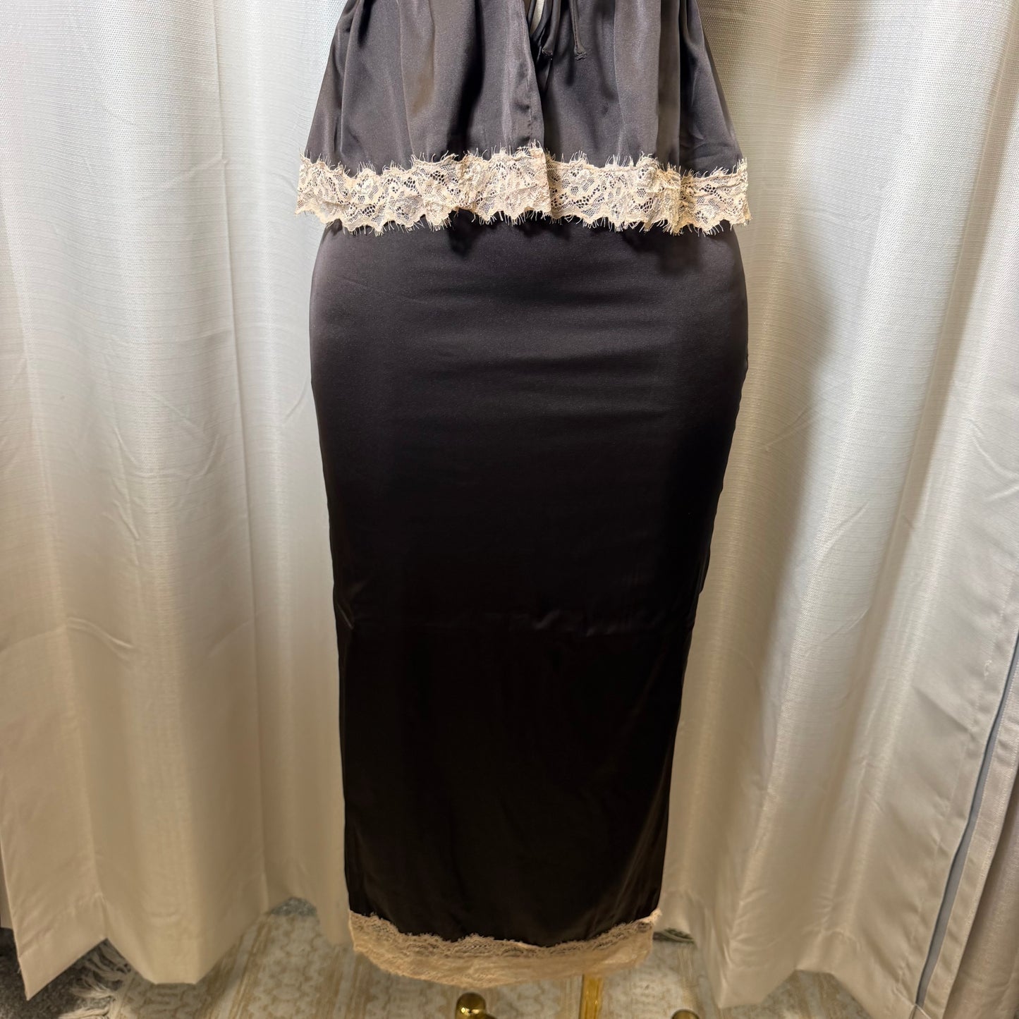 Satin Midi Skirt open front top-Brown
