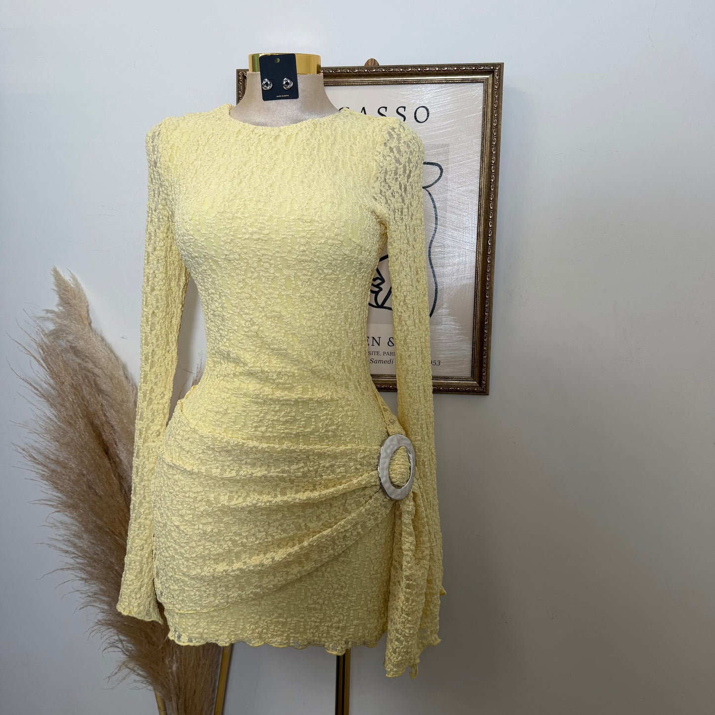 Long Sleeve Gold Detail Dress-Butter Yellow