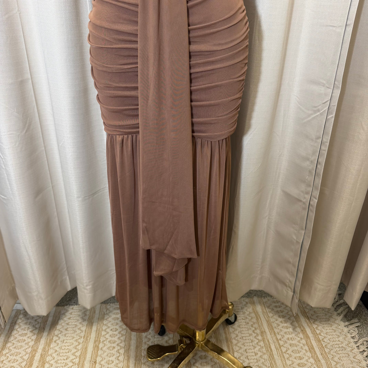 Short Sleeve Solid Mesh  Maxi Dress-Brown