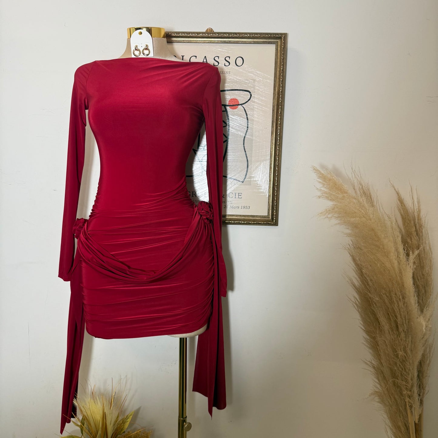 Long Sleeve Ruched Mini Dress-Dark Red