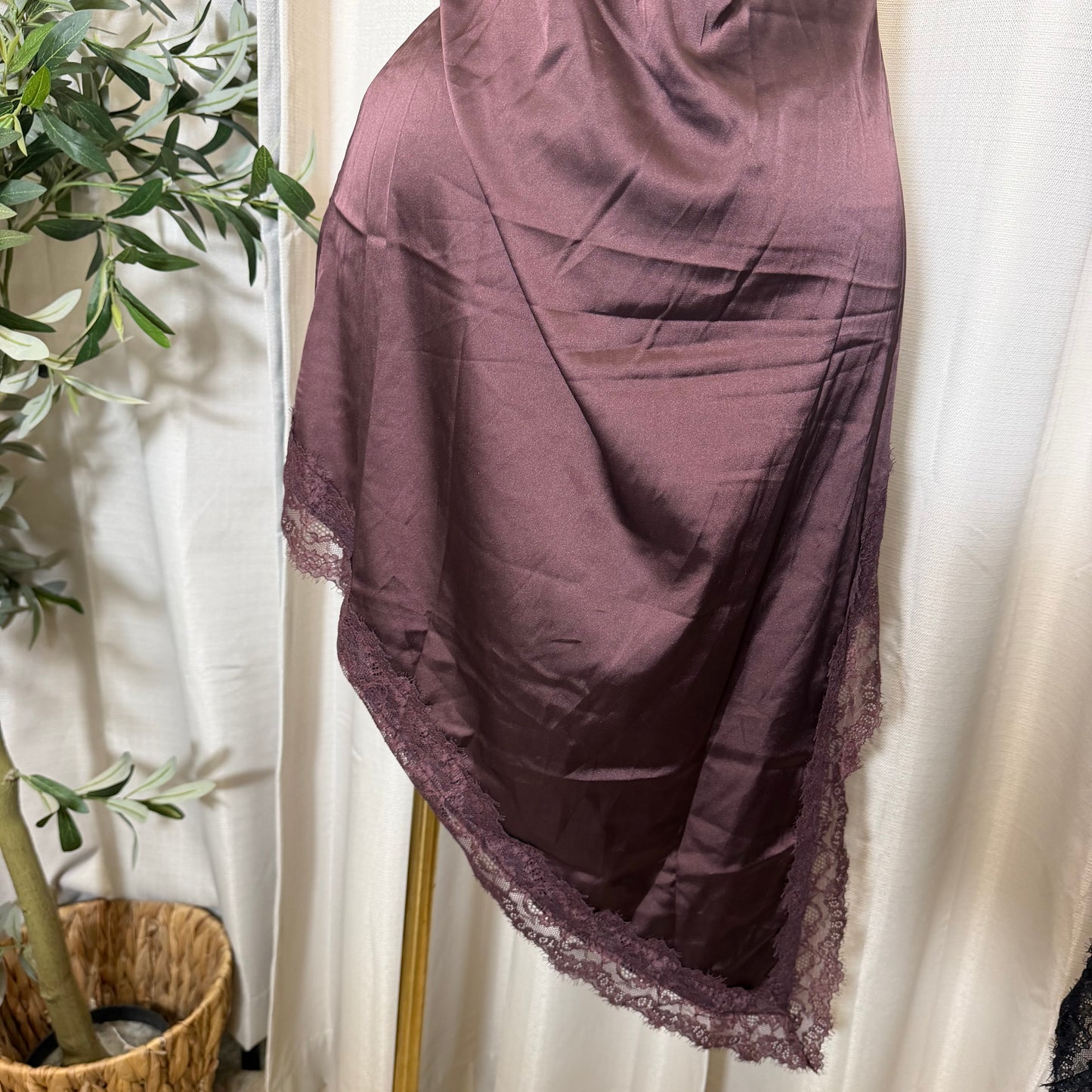 Asymmetric Satin With Lace Trim Detail Dress-Brown