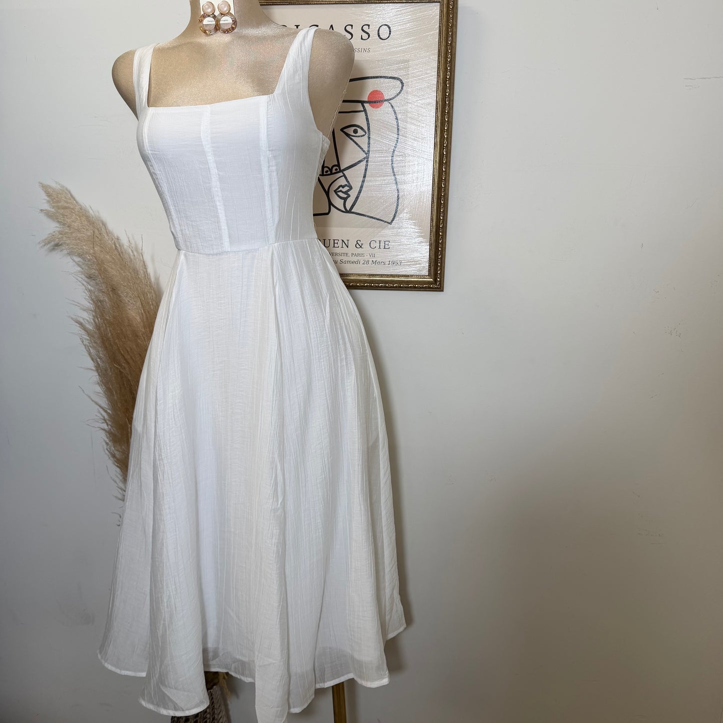 Square Neck picnic  Midi Dress-white