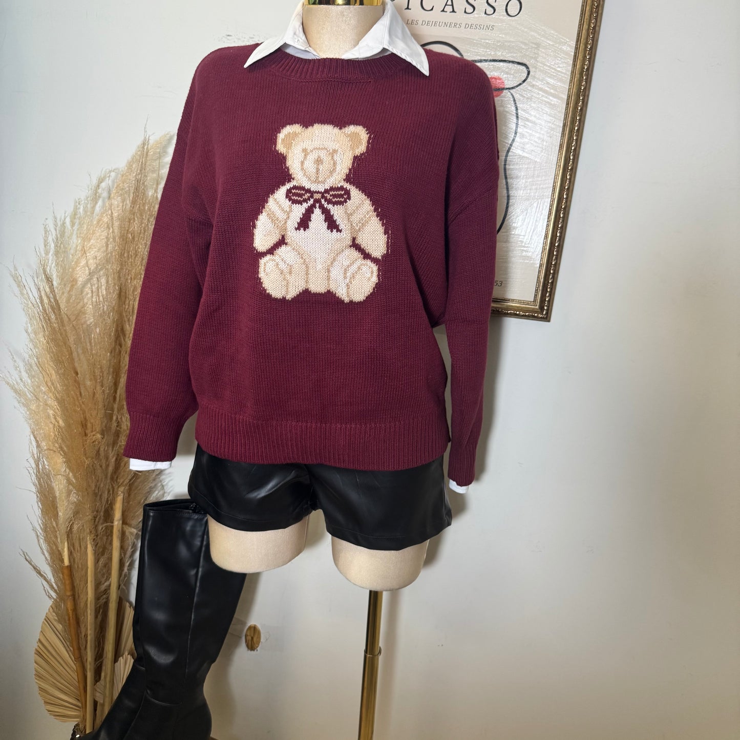 Teddy Jacquard Crew Neck Knit Pullover Sweater-Burgundy