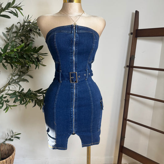 Cargo Strapless Denim Dress-Denim