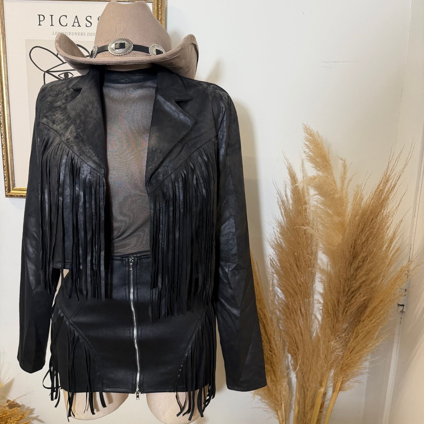 Suede Fringe Jacket-Black