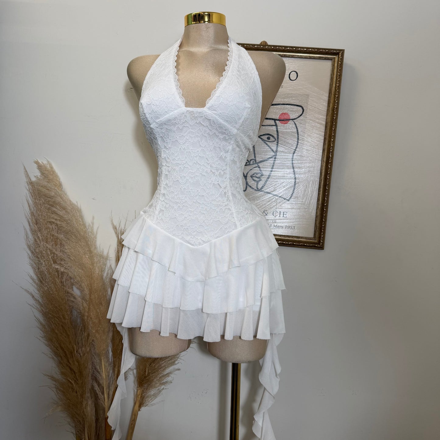 Halter lace Ruffle Dress-White
