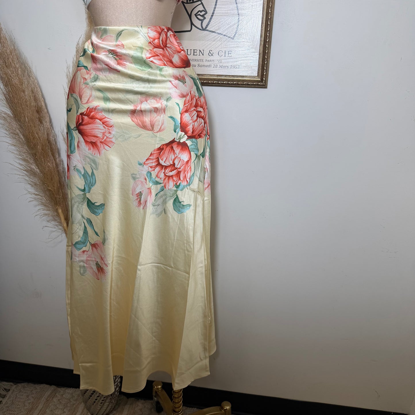 Floral strapless Satin Top and Maxi skirt set-Butter yellow