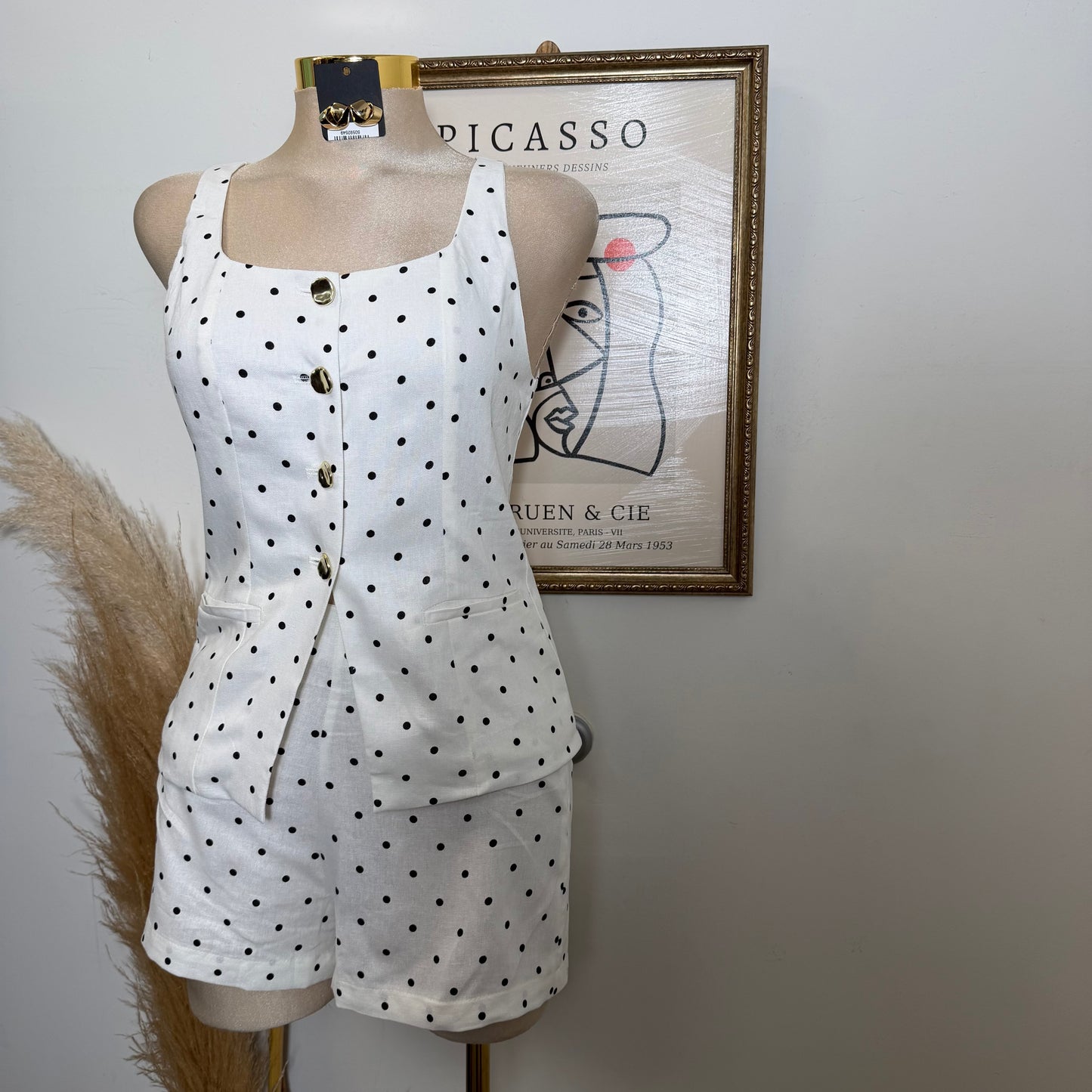 Polka Dot Linen Top w/ Gold Buttons shorts set-White