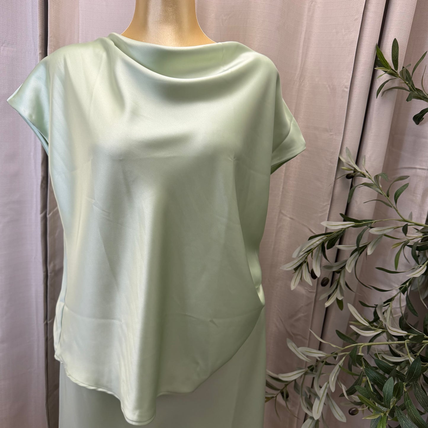 PL- Solid Satin Top with Cowl Neck-Sage Green