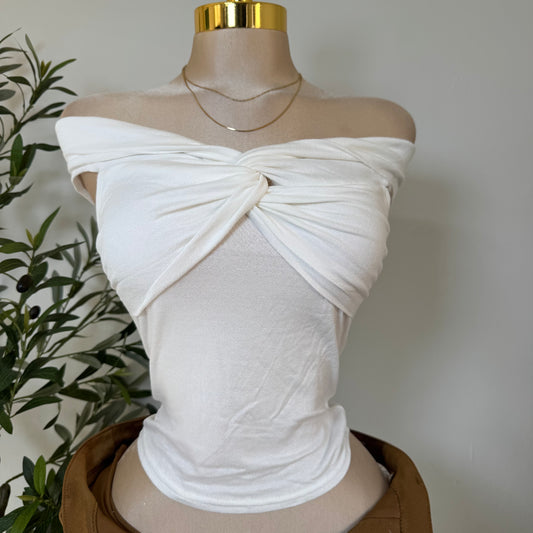 Twist Off The shoulder Top-White