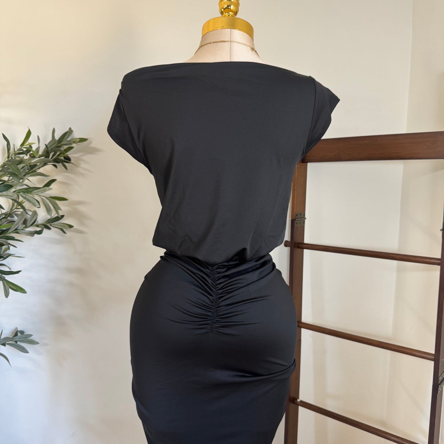 Ruched Elegance Draped Midi Dress-Black