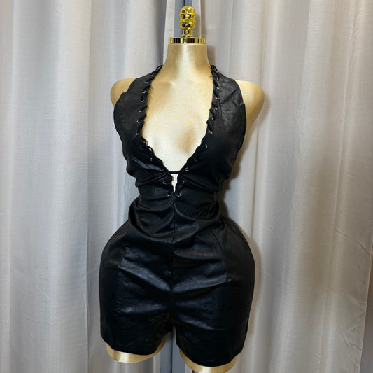 PL-suede Halter Romper-Black