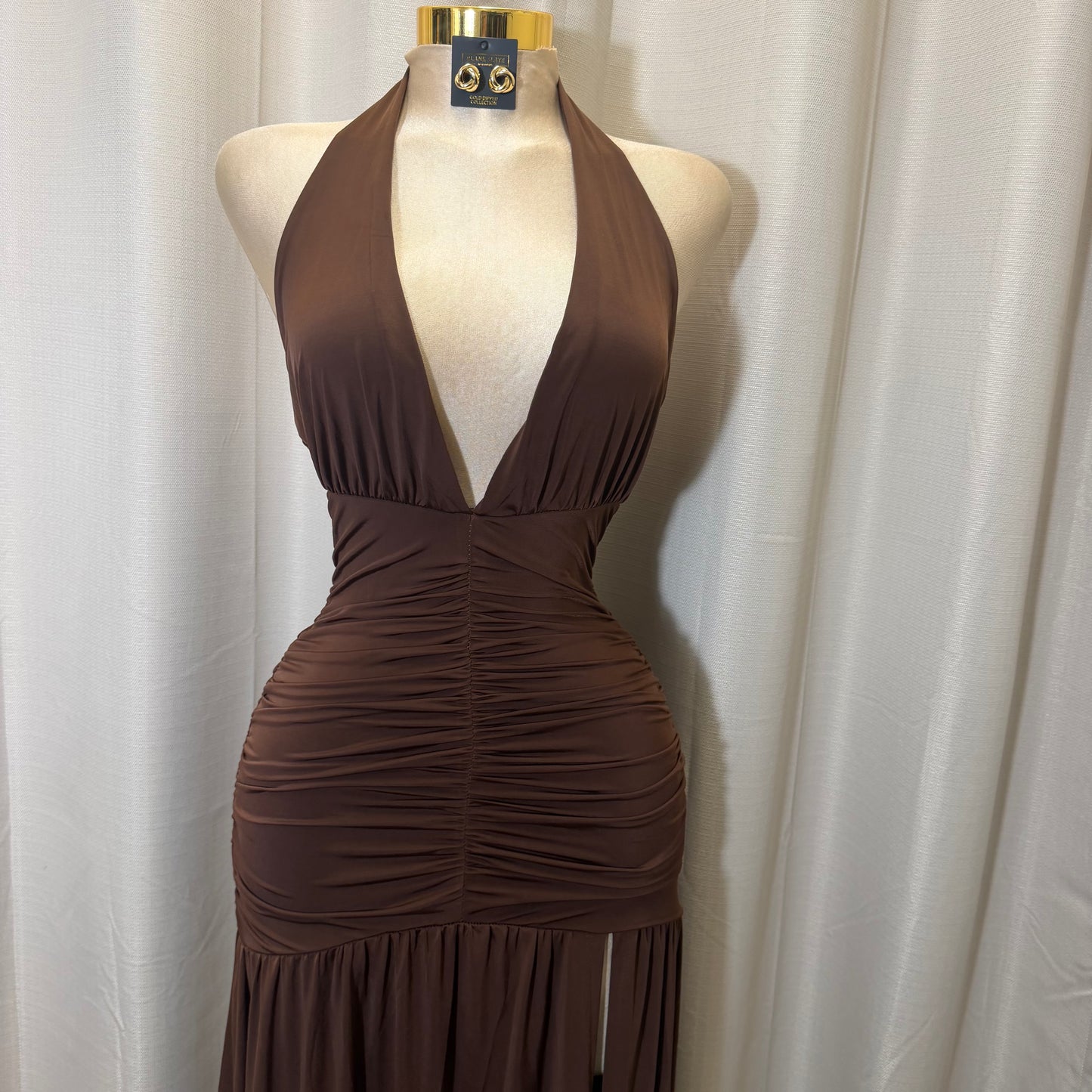 Halter Plunging Neckline Ruched Maxi Dress-brown