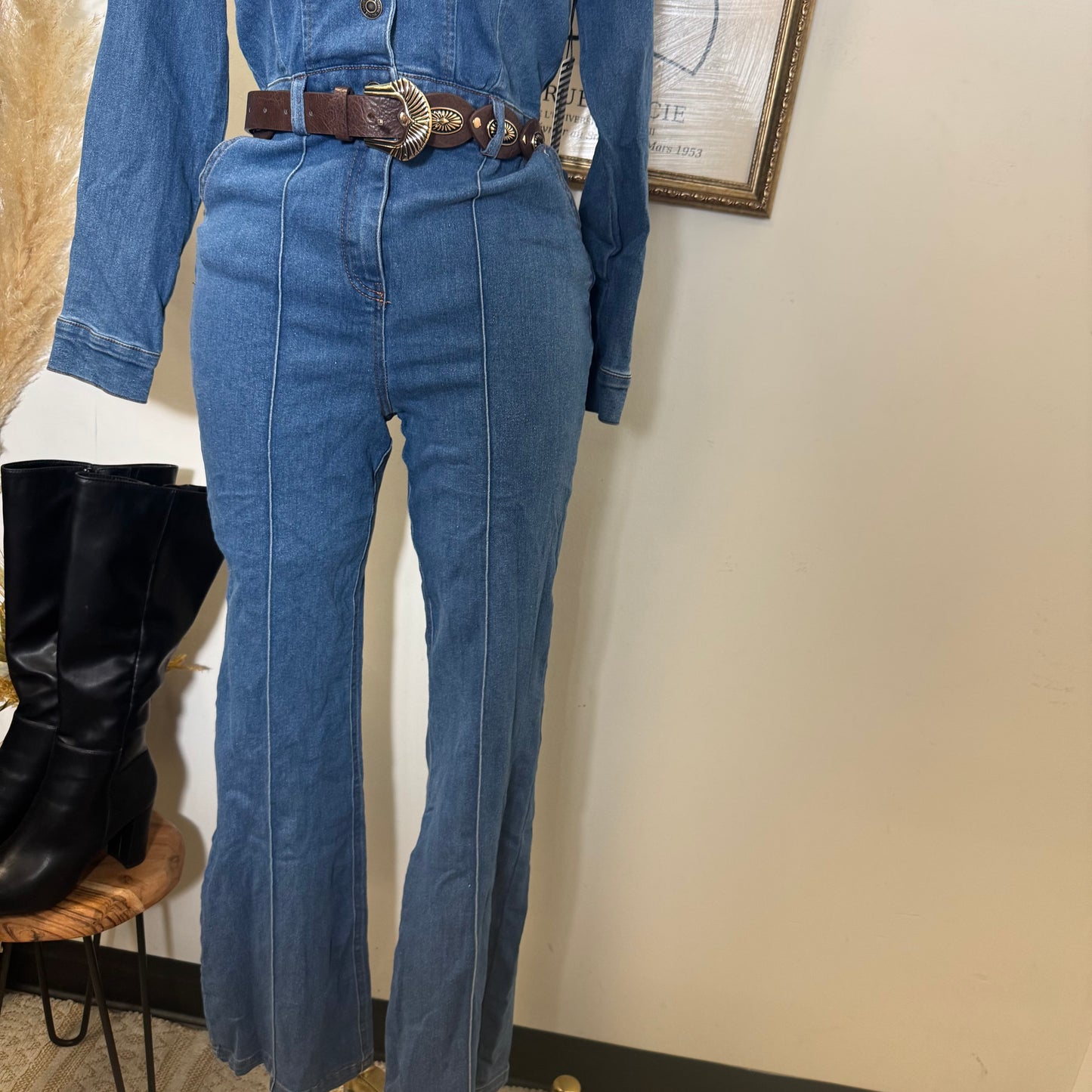 Wide Leg Denim Jumpsuit-Medium Wash