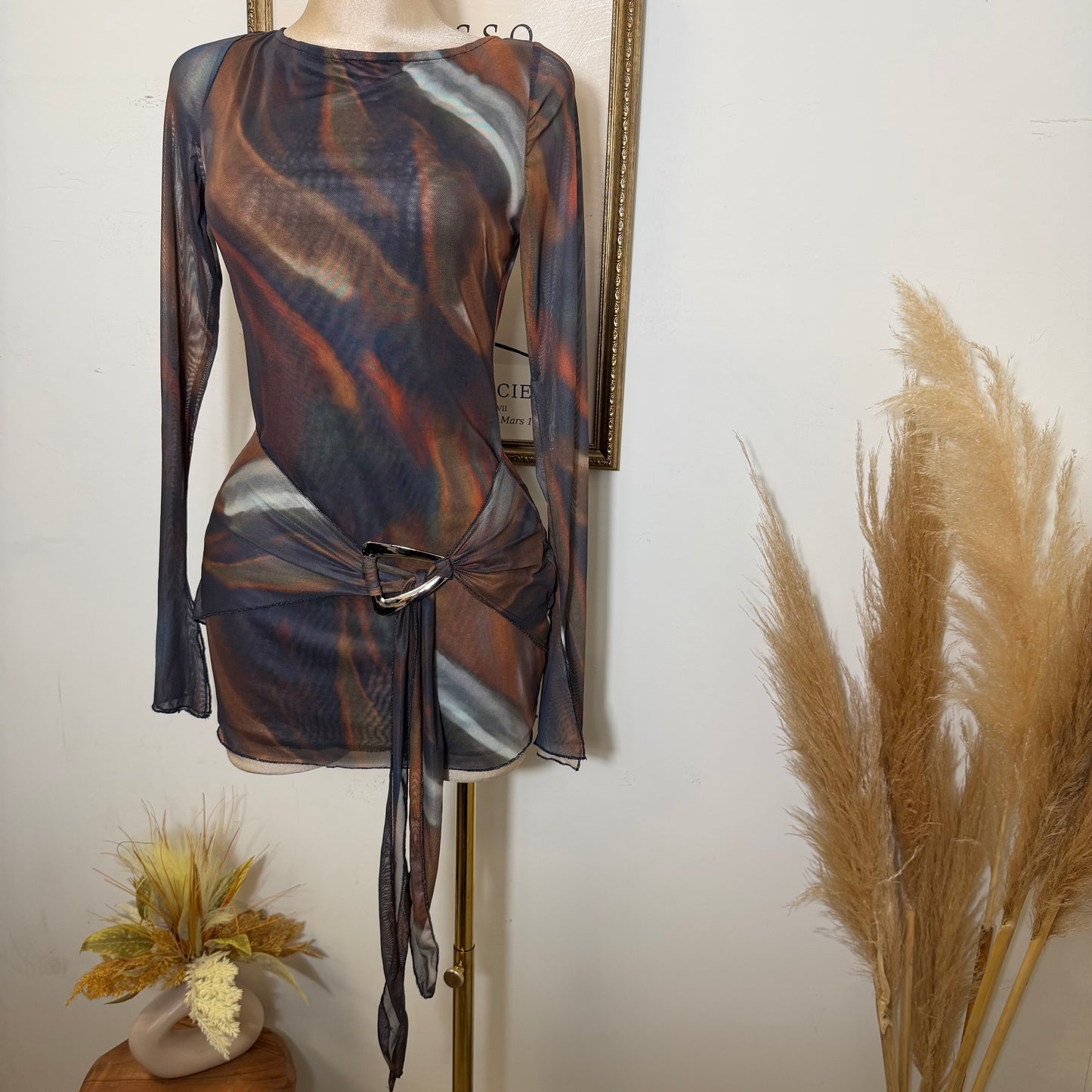 Wrap Long Sleeve Mesh Dress -Rust