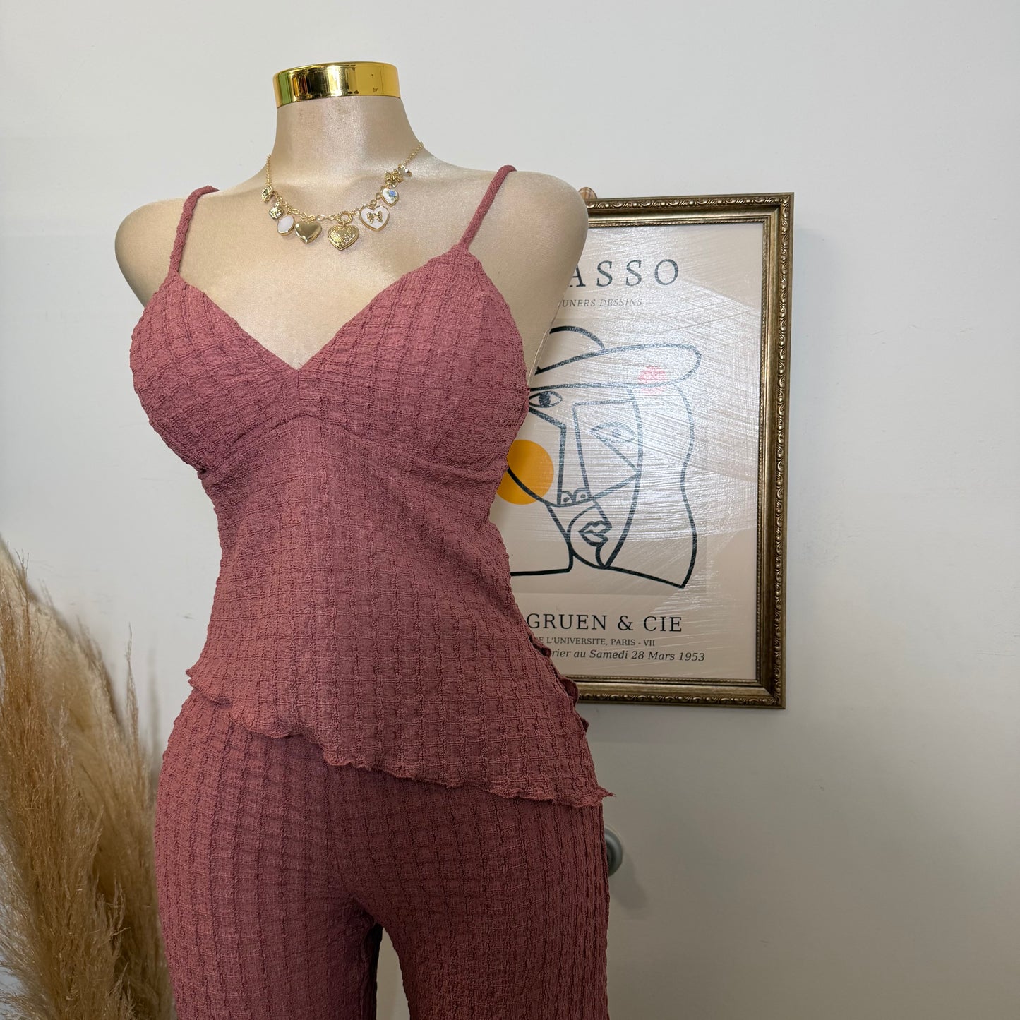 Merrow Asymmetric Hem Top and Pant Set-Marsala