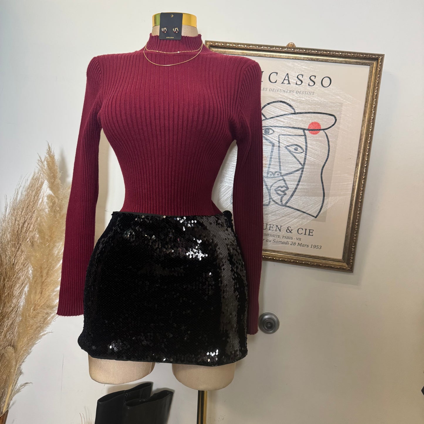 Ribbed Mock Neck Long sleeve-Burgundy